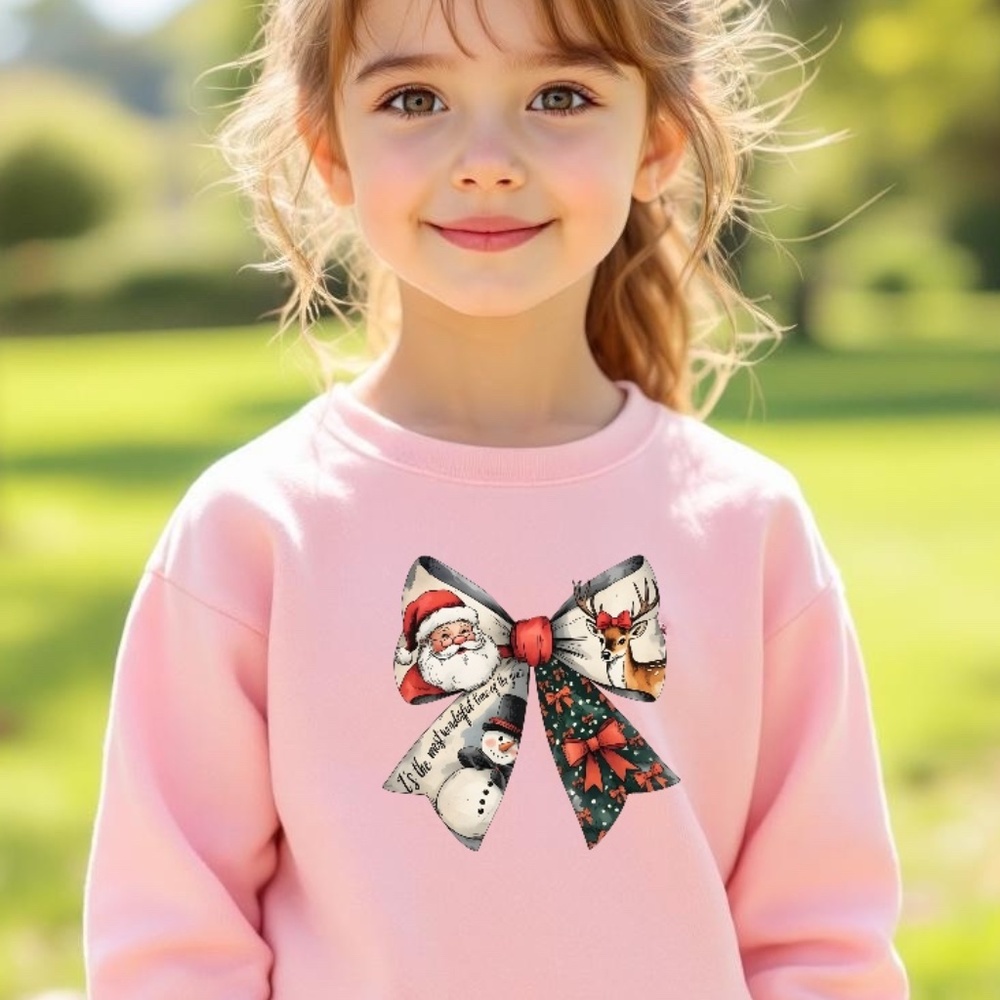 Coquette Christmas Bow Santa T-shirt long sleeve Pink 2T- XL Custom made Girl